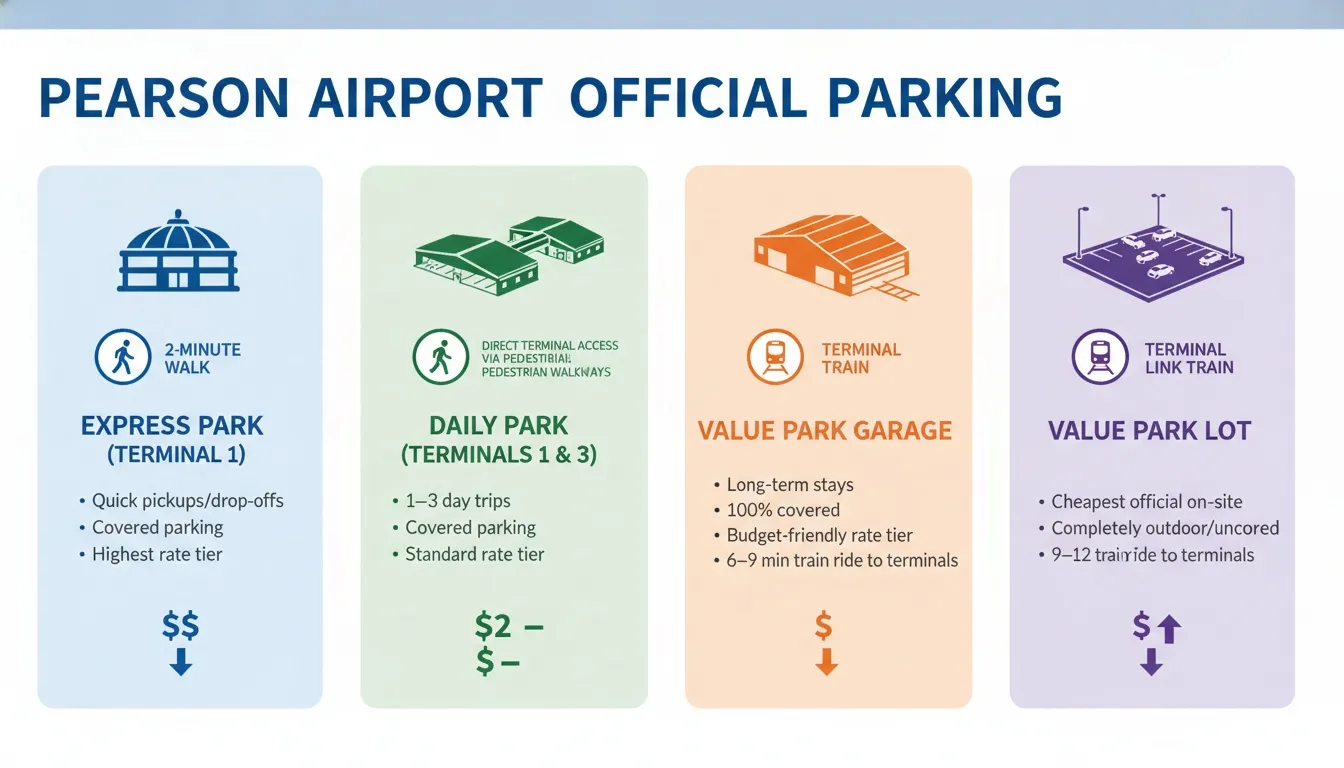 Infographic showing Pearson Airport Official Parking options including Express, Daily, and Value terminal structures.