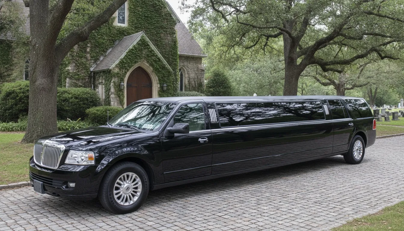 A long black luxury stretch limousine parked on a cobblestone driveway in front of an ivy-covered stone chapel.