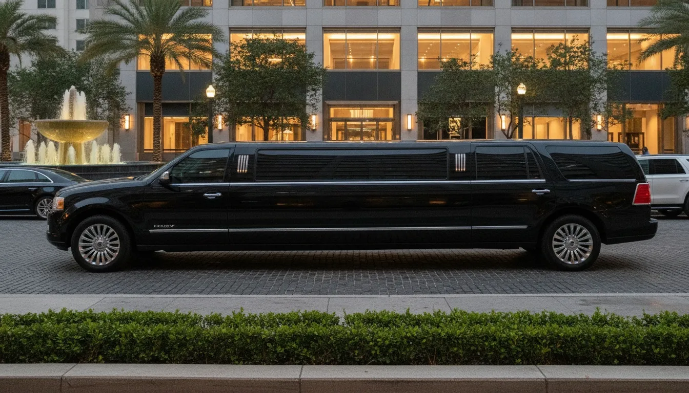 A sleek black stretch SUV limousine parked on a paved driveway in front of a modern downtown Toronto building.