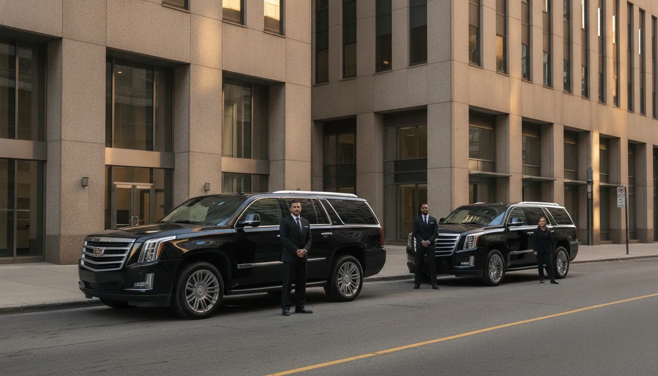 Two black luxury Cadillac Escalade SUVs with professional chauffeurs standing on a street in downtown Toronto.