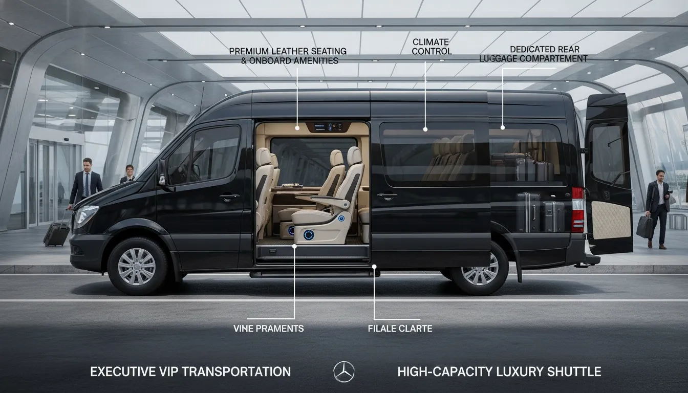 Black Mercedes Sprinter VIP van with luxury leather seating and open luggage compartment parked at an airport terminal.