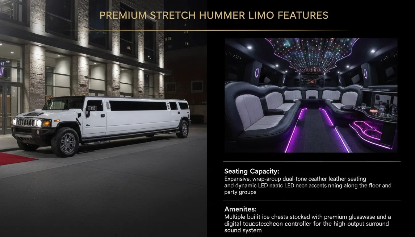Exterior of a white stretch Hummer limousine next to its luxury interior featuring LED lights and leather seating.