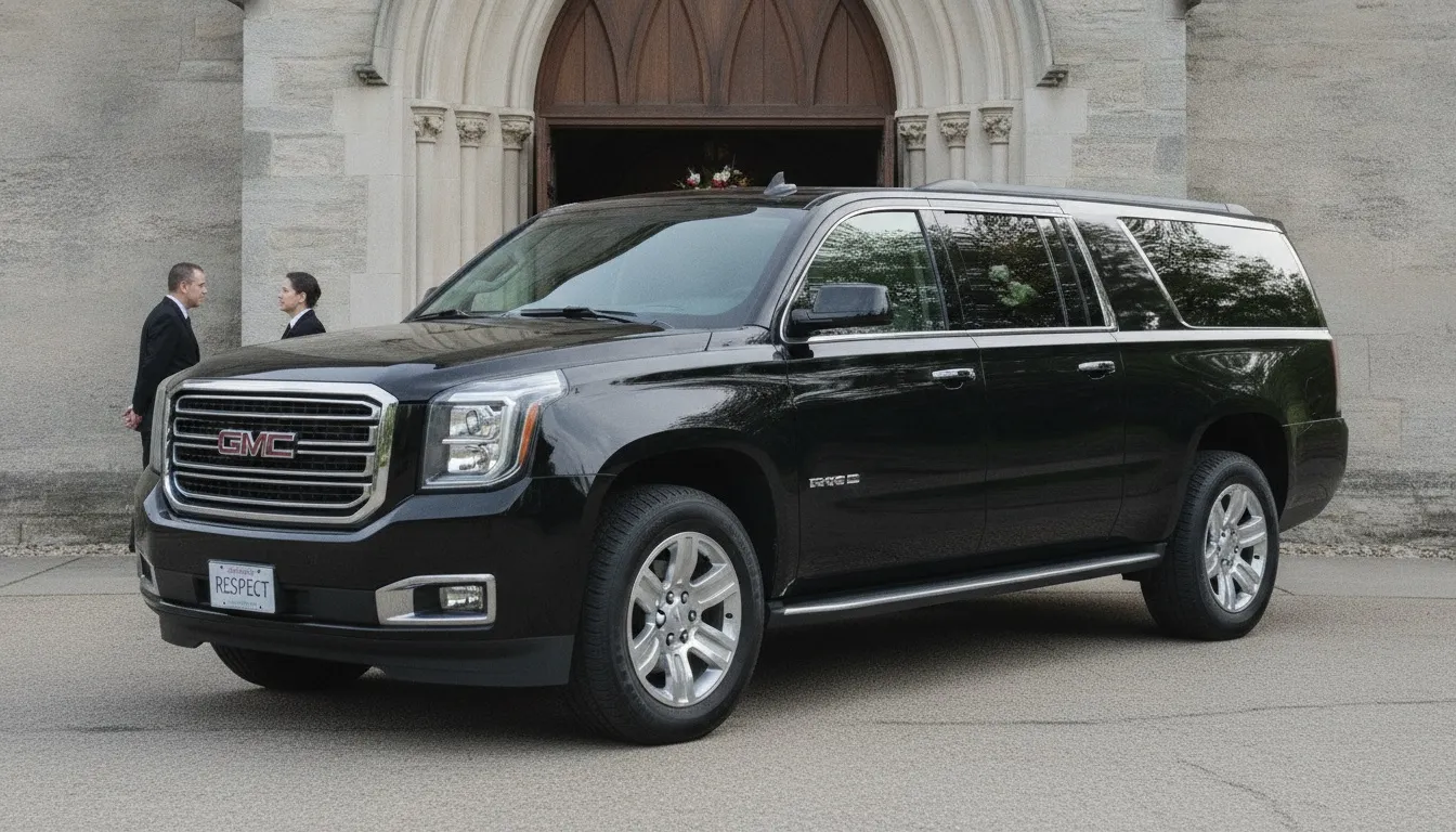 Black GMC SUV parked outside a historic Toronto church with professional chauffeurs in suits.