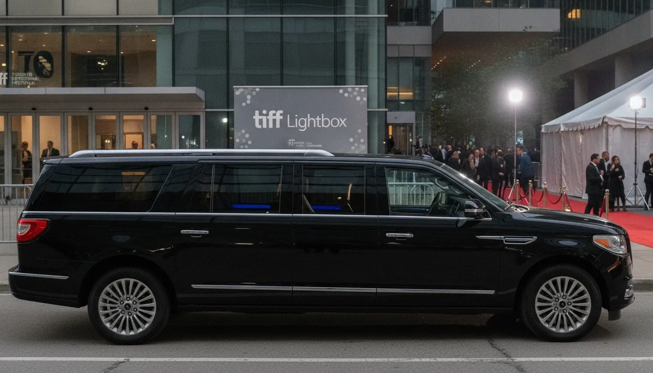 A sleek black luxury stretch SUV limousine parked outside the TIFF Lightbox red carpet event in Toronto.