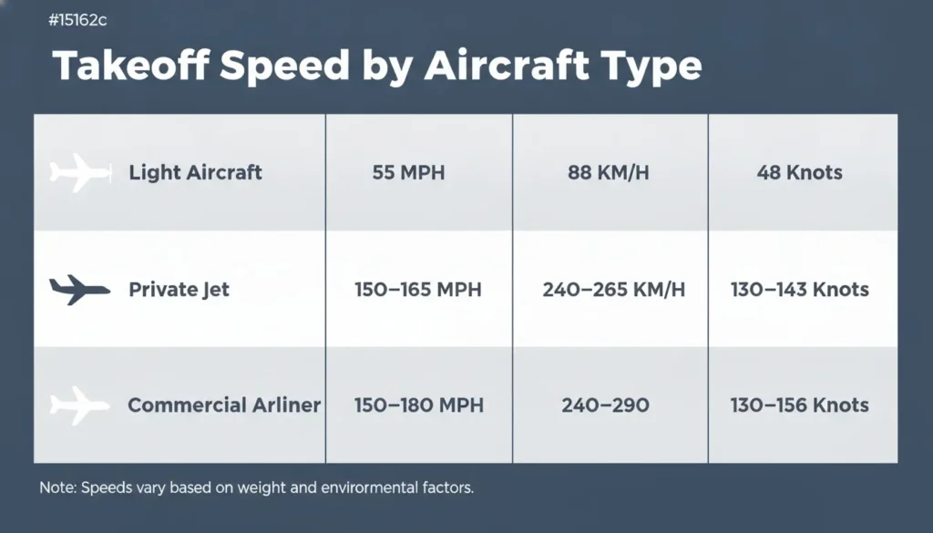A clean infographic chart detailing takeoff speeds in MPH, KM/H, and Knots for various aircraft types.