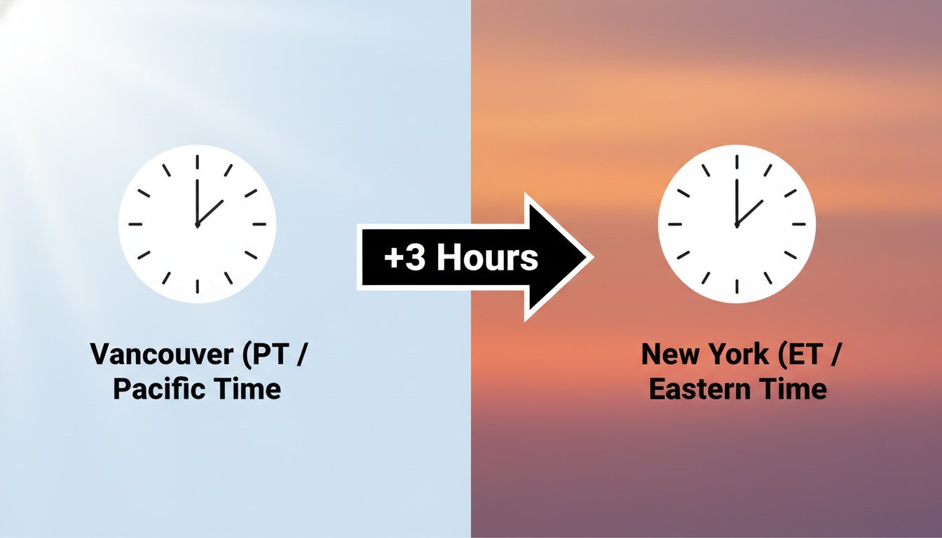Visual graphic comparing Vancouver Pacific Time to New York Eastern Time showing a plus three hours difference.