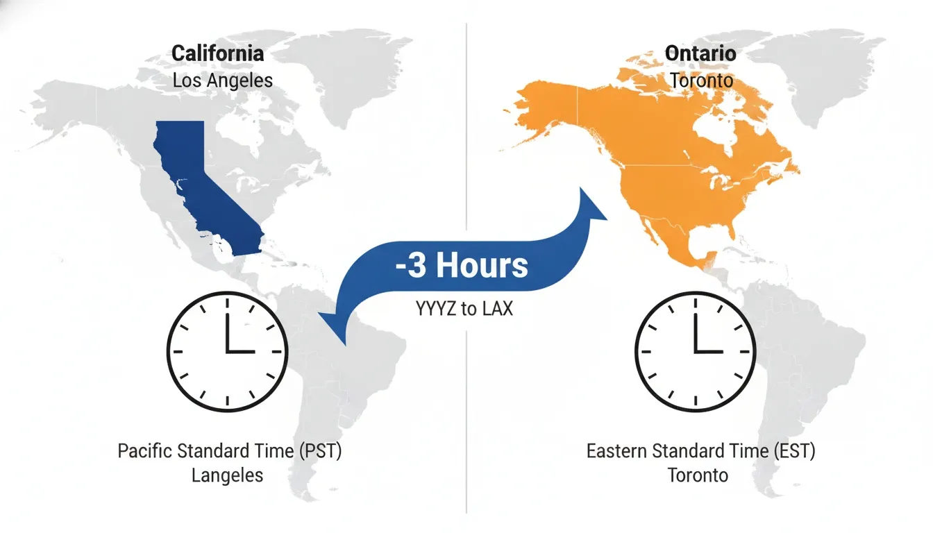 Graphic map illustrating a 3-hour time difference from Toronto, Ontario to Los Angeles, California.