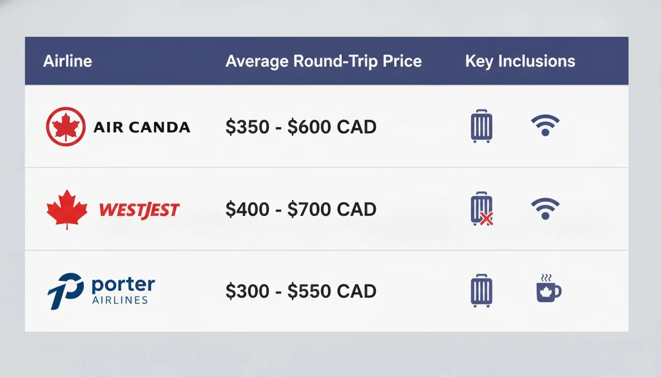A comparison chart showing pricing and key inclusions for Air Canada, WestJet, and Porter Airlines.