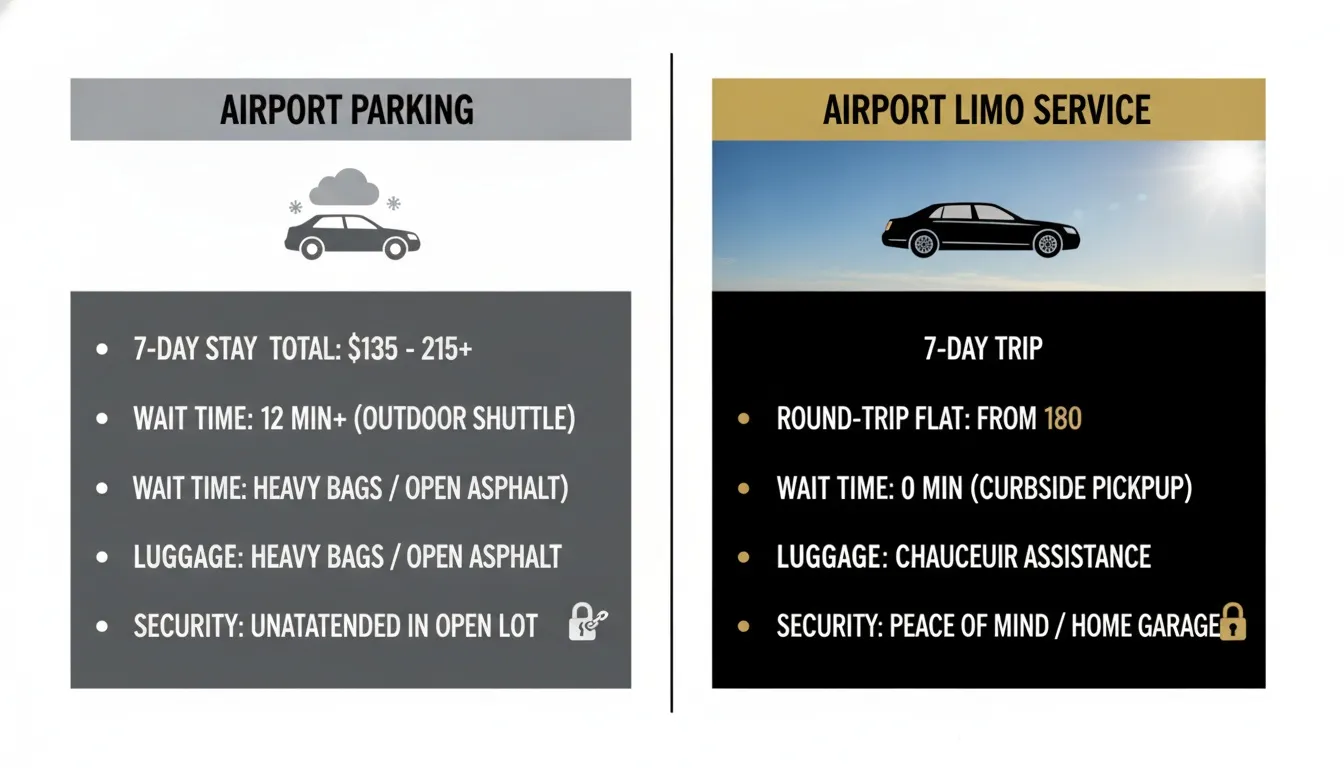 Graphic comparing the costs and convenience of airport parking versus a premium limo service in Toronto.
