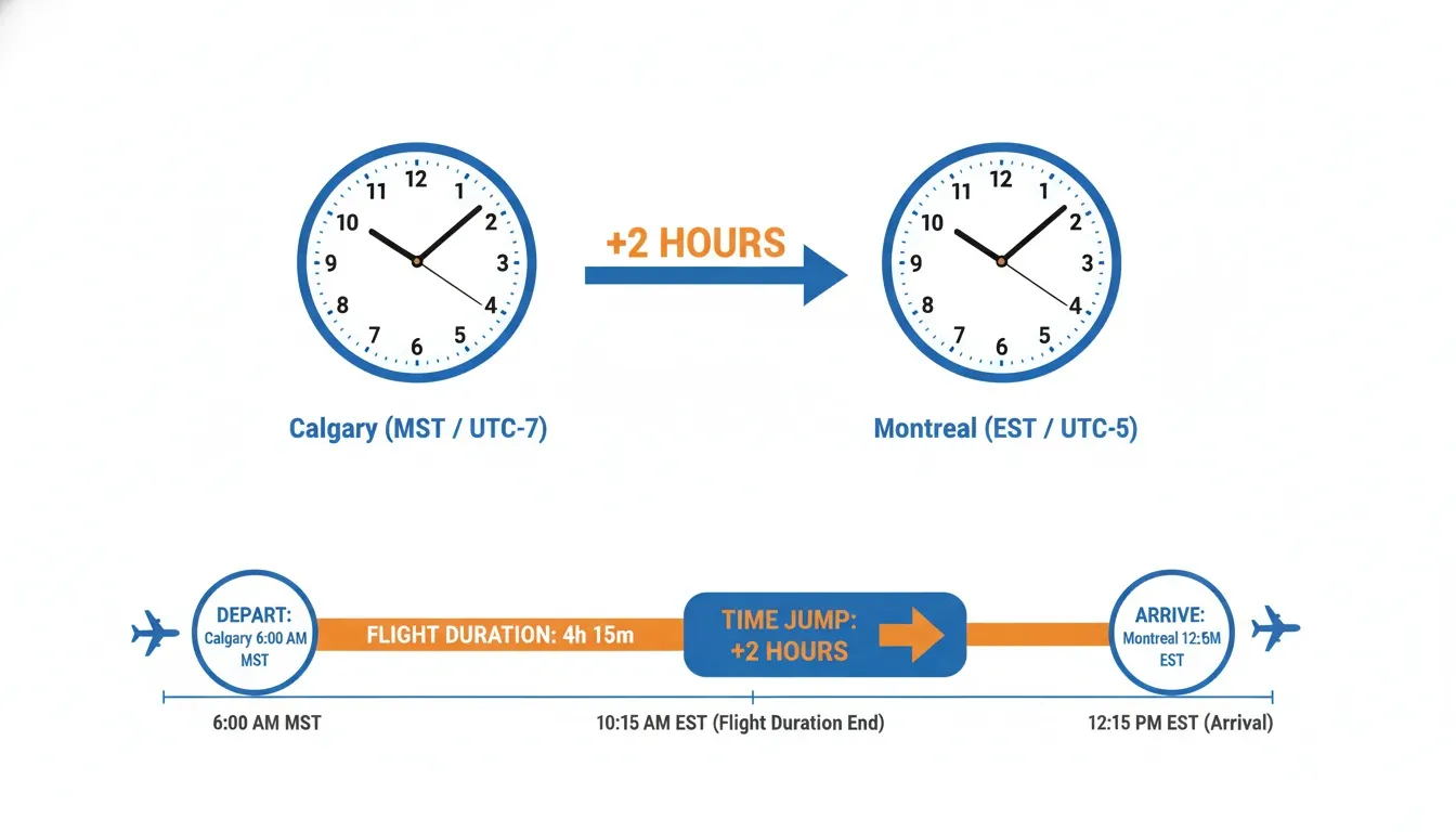 Infographic showing flight duration and a two-hour time jump between Calgary MST and Montreal EST zones.