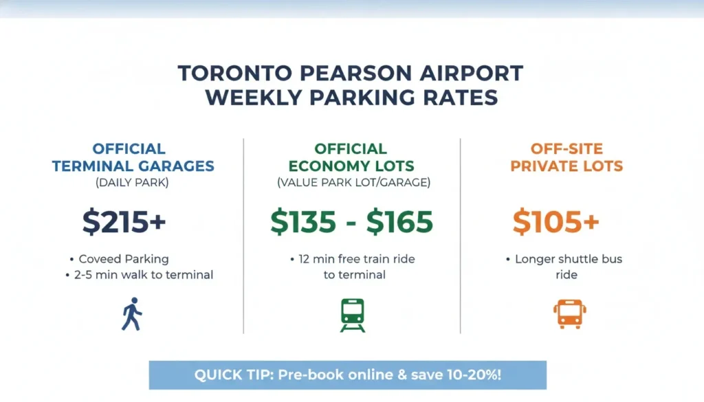 Infographic showing Toronto Pearson Airport weekly parking rates for terminal garages, economy lots, and off-site private lots.