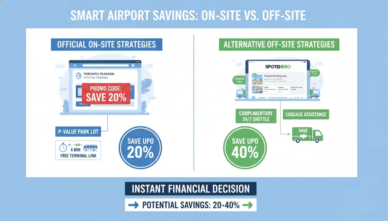 An infographic comparing Toronto Pearson on-site parking savings of 20% with off-site alternatives saving up to 40%.