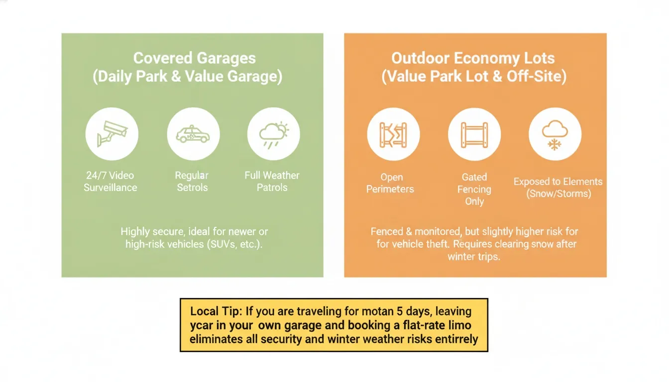 An infographic comparing covered airport garages with outdoor economy lots, suggesting a flat-rate limo service alternative.