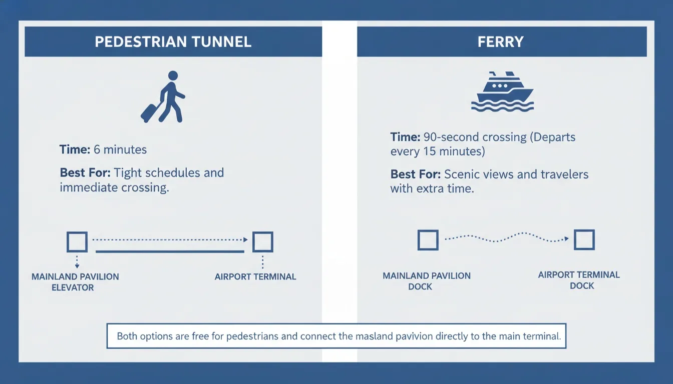 Infographic comparing pedestrian tunnel and ferry transit options for the tronto airport mainland connection.