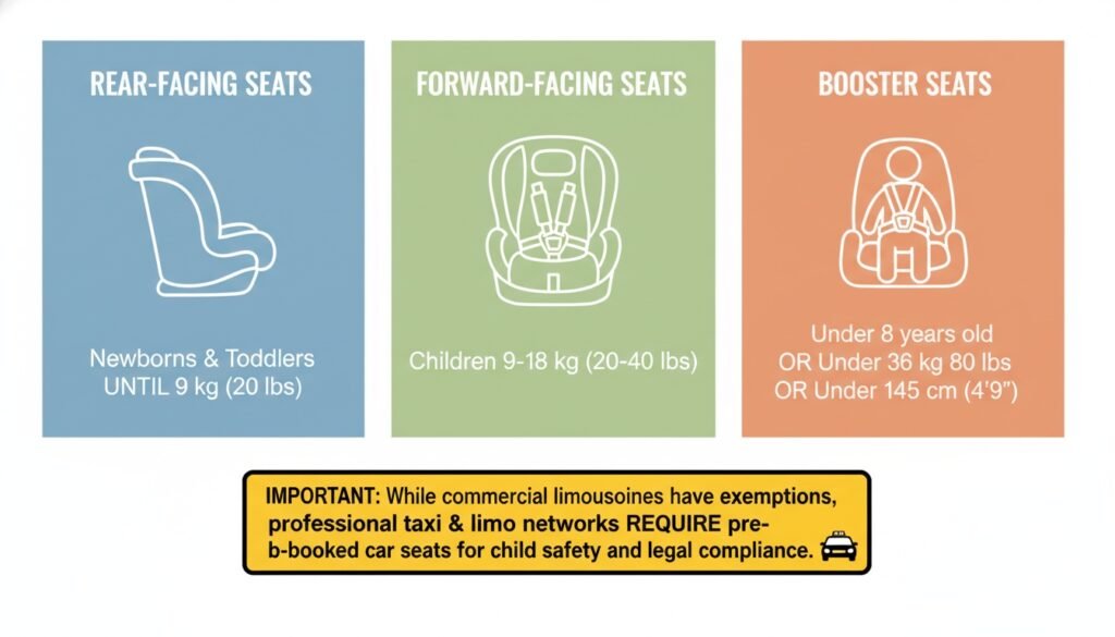 Infographic guide detailing rear-facing, forward-facing, and booster seat safety requirements for pre-booked airport transport.