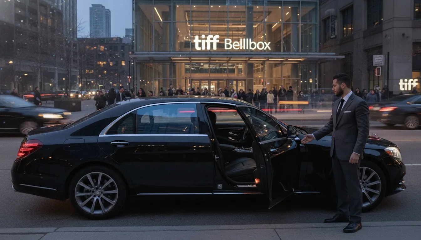 A professional chauffeur opens the door of a black luxury sedan outside the TIFF Bell Lightbox in Toronto.