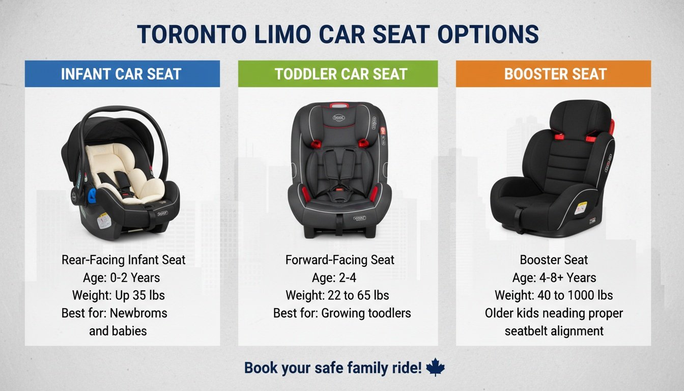 Infographic detailing three Toronto limo safety options: infant car seat, toddler car seat, and booster seat.