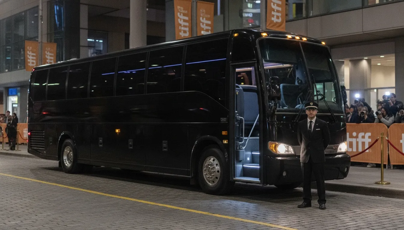 A professional chauffeur stands beside a luxury black charter bus outside the TIFF event in Toronto.
