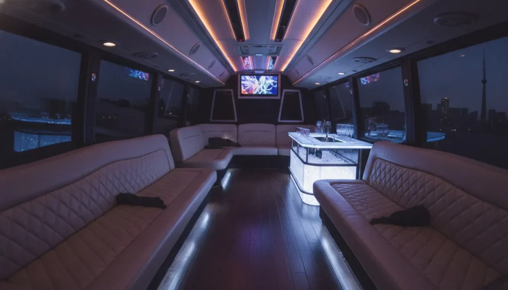 Interior of a vipairportlimoservice luxury party bus featuring leather seating, a bar, and Toronto CN Tower skyline views.