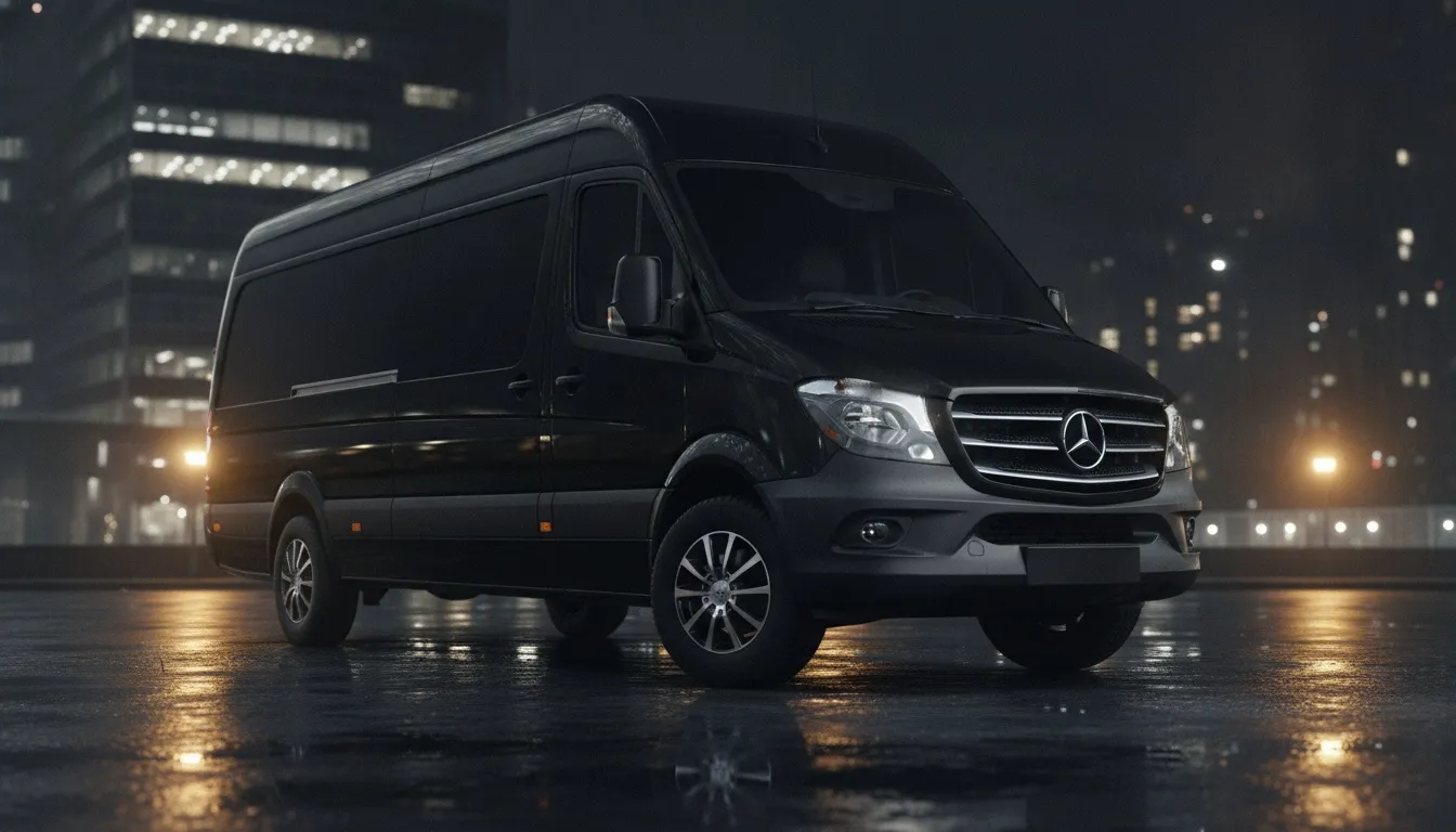 Sleek black Mercedes Sprinter van parked on wet pavement in downtown Toronto at night.