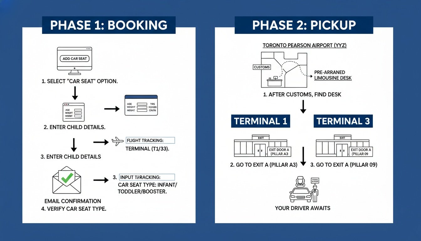 Infographic outlining booking steps and pickup instructions for airport limousine car seat services at Toronto Pearson Airport.
