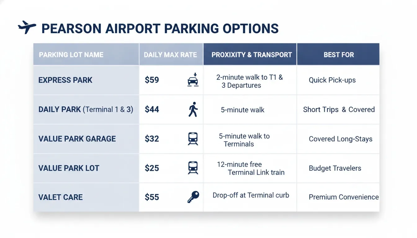 An infographic chart displaying parking options, daily rates, and transport details at Toronto Pearson Airport.