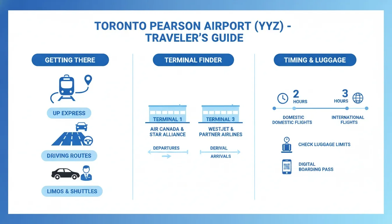 A traveler guide infographic for Toronto Pearson Airport YYZ showing transport, terminal finder, and timing details.