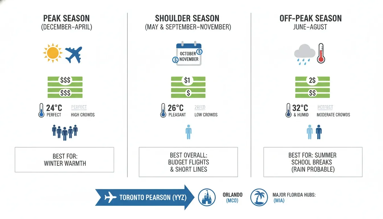 Infographic comparing peak, shoulder, and off-peak travel seasons from Toronto Pearson to Florida hubs.