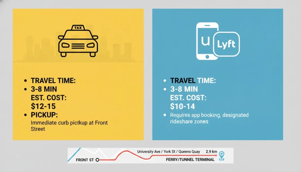Graphic comparing travel times and estimated costs for taxi and rideshare options near Front Street, Toronto.