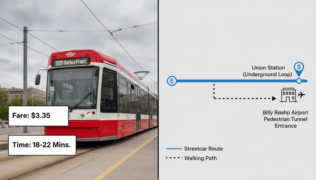 Red and white 509 Harbourfront streetcar on tracks next to an infographic showing route to Billy Bishop Airport.
