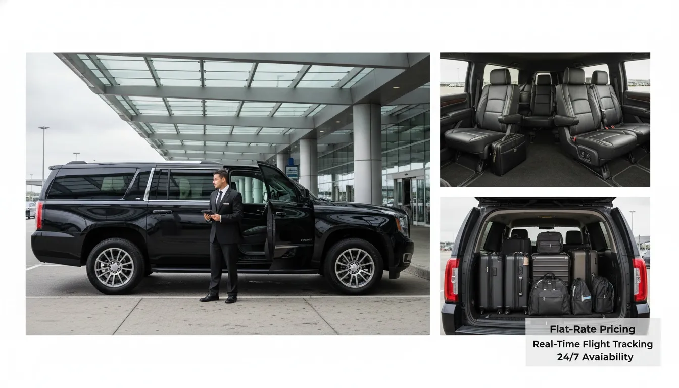 A professional chauffeur standing by a luxury black SUV at a Toronto airport terminal, showcasing interior seating and luggage capacity.