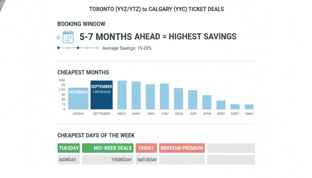 An infographic showing optimal booking windows, cheapest months, and best days to fly from Toronto to Calgary.