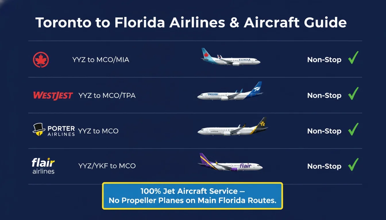 Infographic listing non-stop jet aircraft flights from Toronto YYZ to Florida airports via major Canadian airlines.