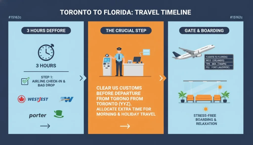 An infographic showing three steps for traveling from Toronto to Florida: airline check-in, clearing US customs, and gate boarding.