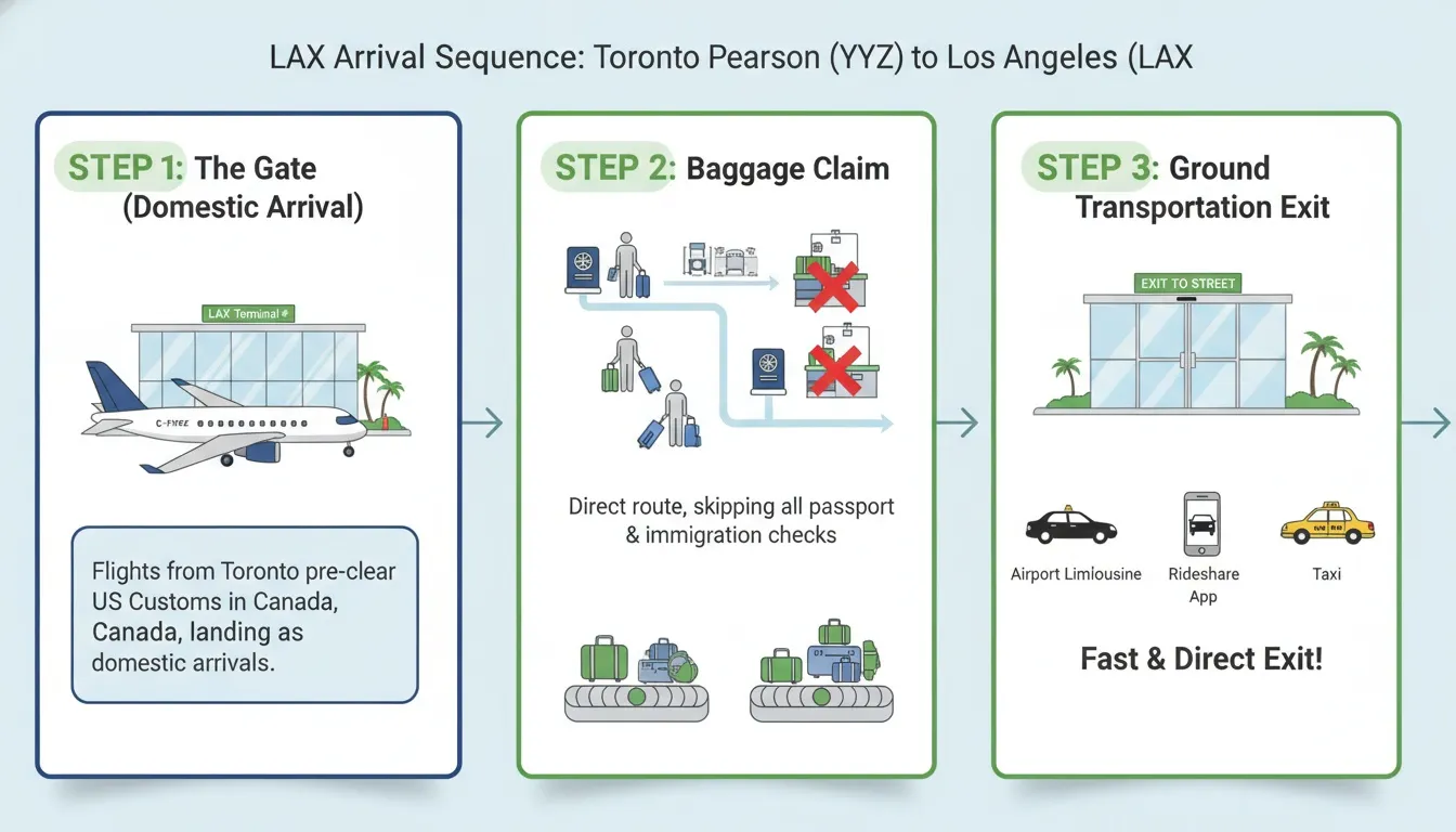 Infographic showing three steps for travelers arriving at LAX from Toronto Pearson YYZ as domestic arrivals.