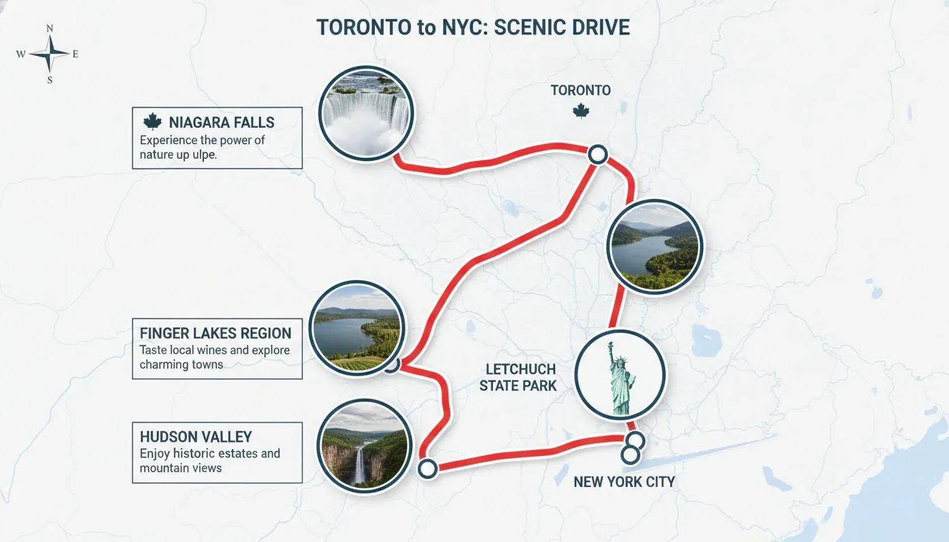 Scenic route map from Toronto to New York City featuring major stops like Niagara Falls and Hudson Valley.