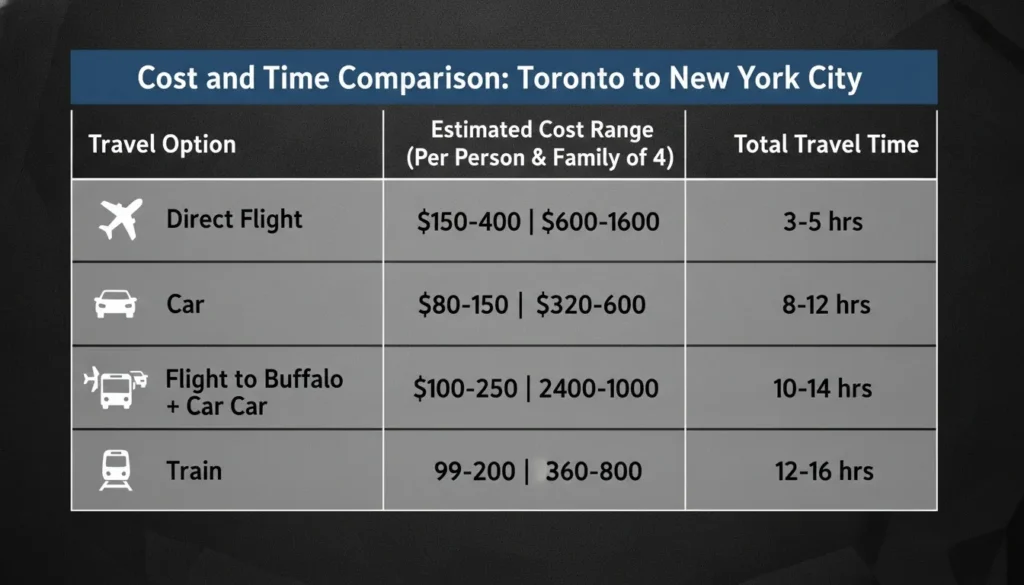 A comparison table outlining travel costs and transit times from Toronto to New York City.