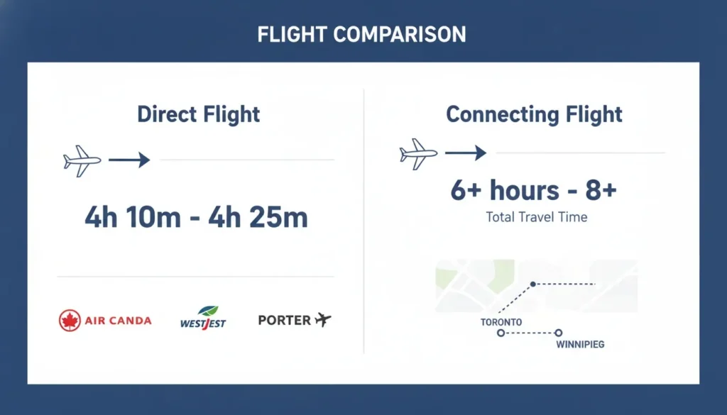 An infographic comparing direct and connecting flights from Toronto to Winnipeg, showing travel times and airlines.
