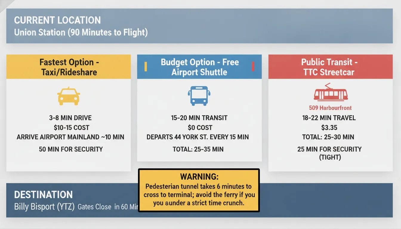 Infographic comparing transit times, costs, and options from Union Station to Billy Bishop Toronto City Airport.