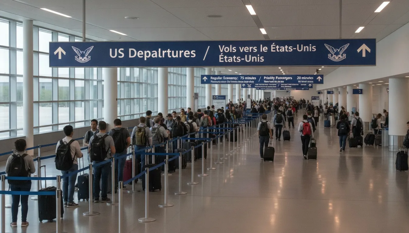 Travelers with luggage queue under a large blue US Departures sign inside a bright airport terminal.