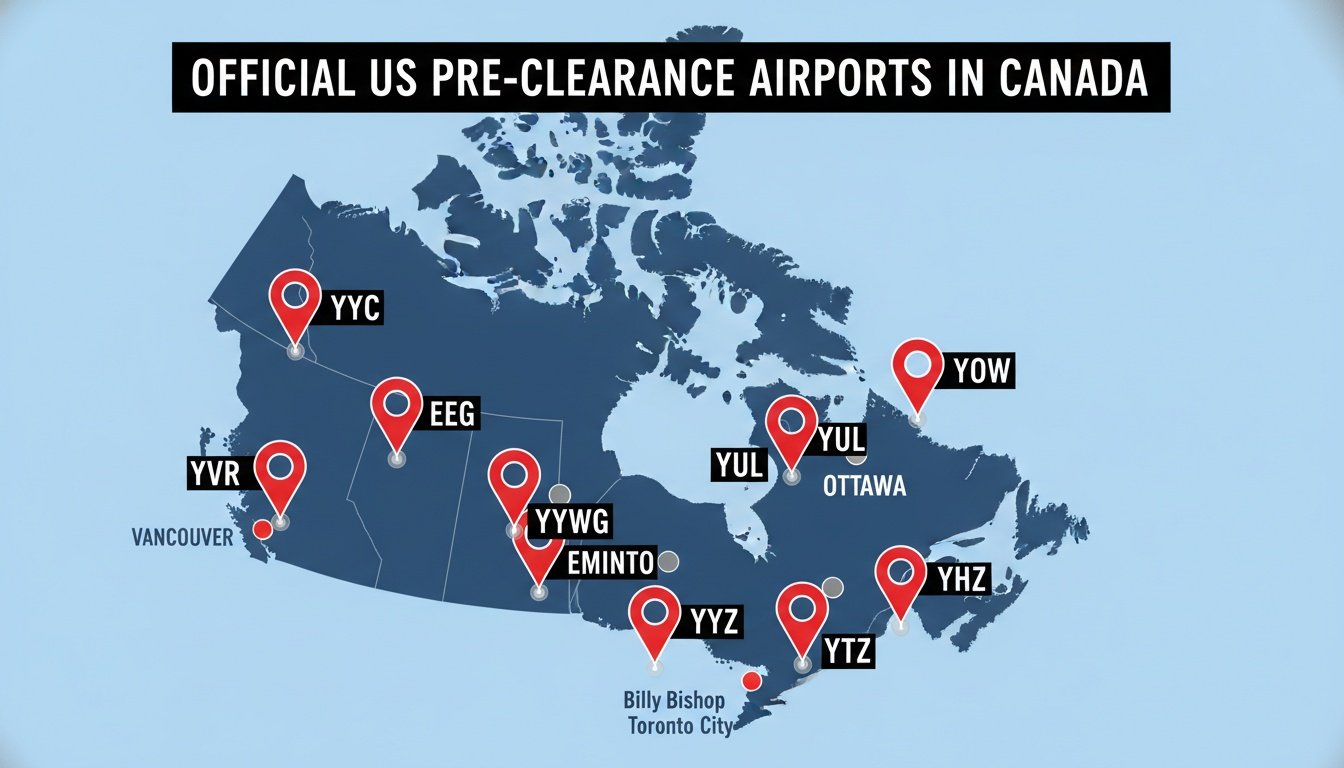Map of Canada highlighting official US pre-clearance airports, including Toronto YYZ and YTZ.