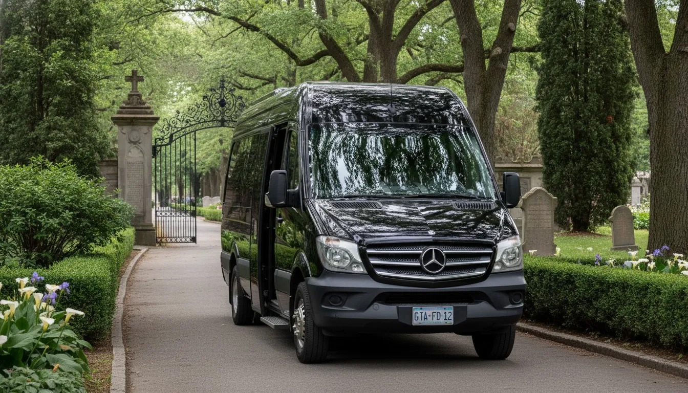 A premium black Mercedes-Benz Sprinter luxury passenger van parked on a paved pathway near a stone gate in Toronto.