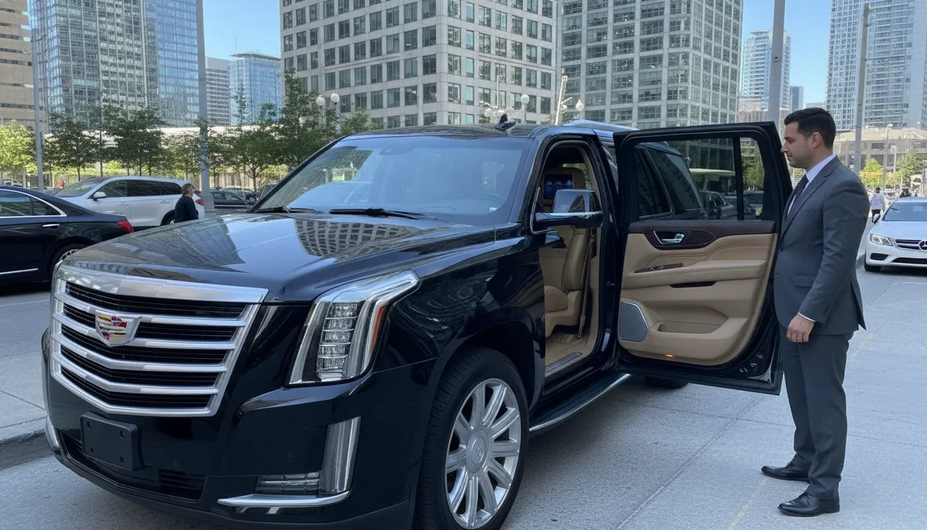Chauffeur in a suit stands next to a luxury black Cadillac Escalade SUV in downtown Toronto.