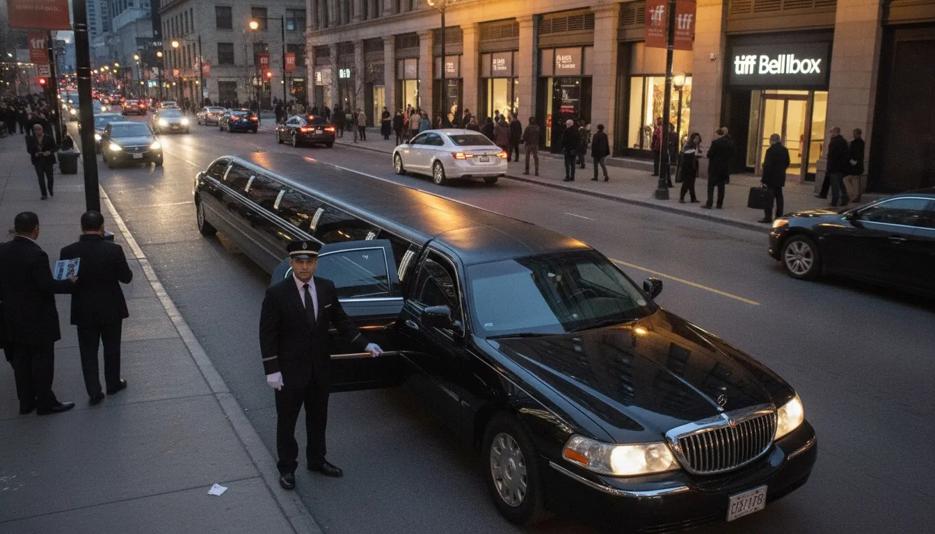 A professional chauffeur holding open the door of a black stretch limousine outside TIFF Bell Lightbox in Toronto.