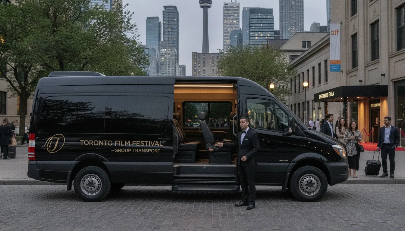 A chauffeur in a tuxedo stands by an open black luxury transport van in downtown Toronto near the CN Tower.