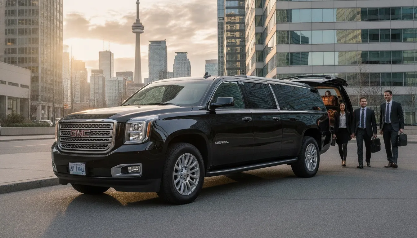 A black GMC SUV parked on a Toronto street near the CN Tower with business travelers unloading luggage.