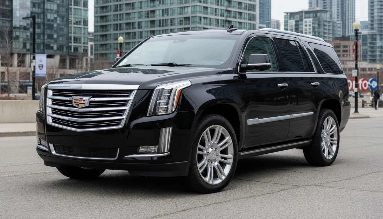 A black Cadillac Escalade SUV parked on a downtown Toronto street with modern high-rises behind it.