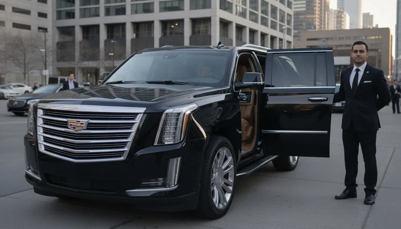 A chauffeur stands beside a luxury black Cadillac Escalade with an open passenger door in downtown Toronto.