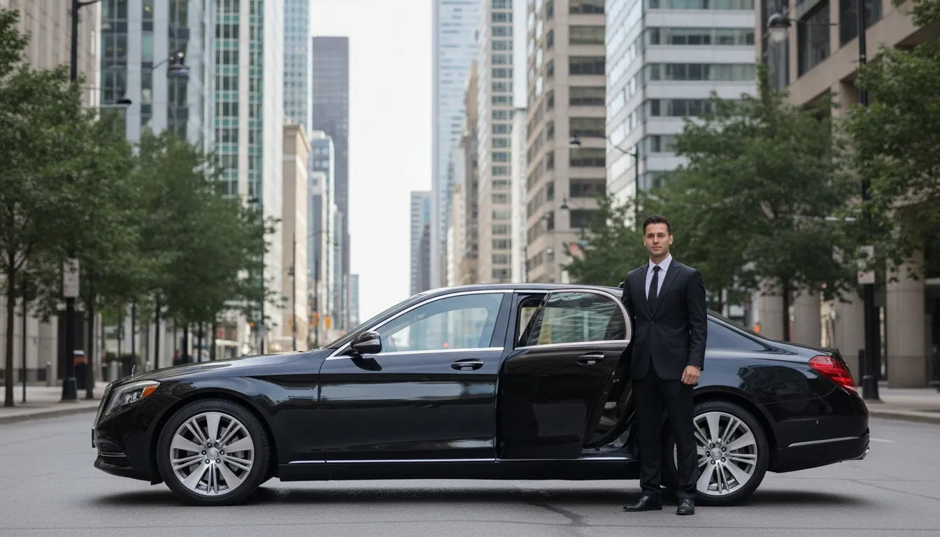 Chauffeur in a black suit standing by a luxury Mercedes sedan with an open door in Toronto.