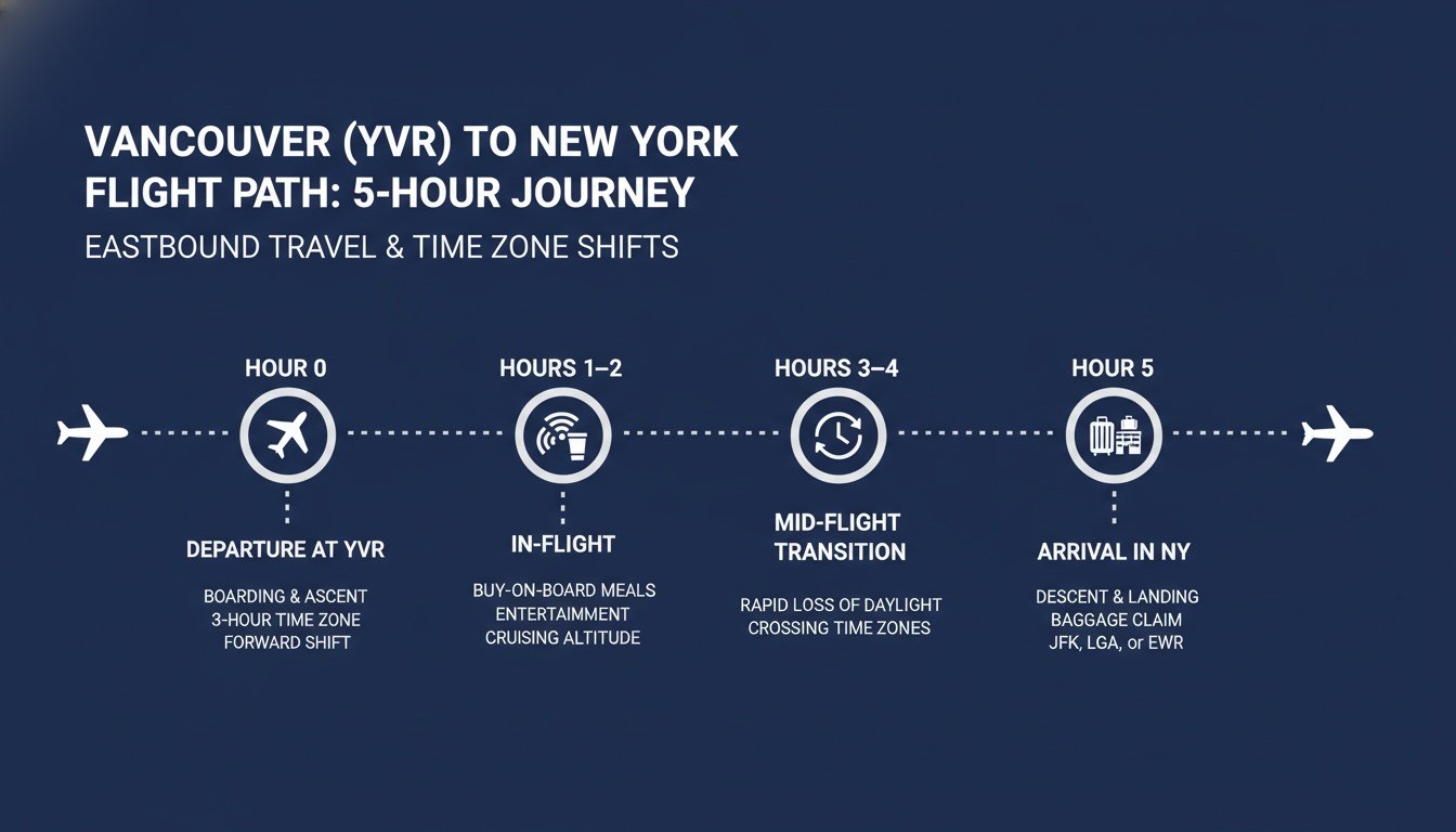 An infographic detailing a 5-hour flight path timeline from Vancouver to New York with hourly travel milestones.